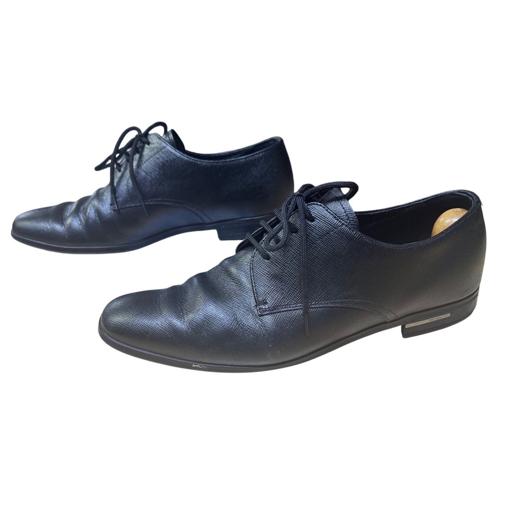 Prada Mens Black Saffiano Leather Lace Up Derby Dress Shoes Made in Italy